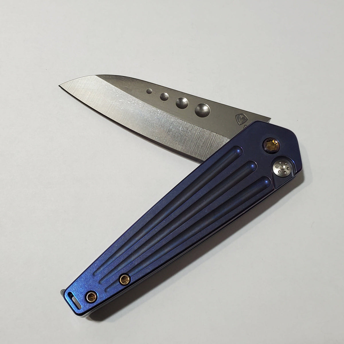 Medford Nosferatu Flipper - Tumbled Blade - Dark Blue Flamed Handles - S35VN Knives - Tophatter Daily Deals