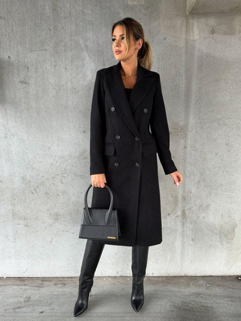 Warm Classic Womens Coat - Double-Breasted Wool, Winter Black - Tophatter Daily Deals