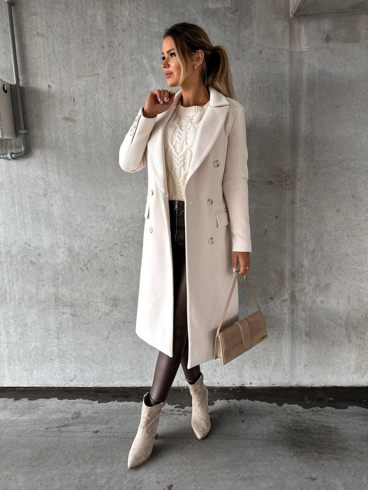 Warm Classic Womens Coat - Double-Breasted Wool, Winter Beige - Tophatter Daily Deals