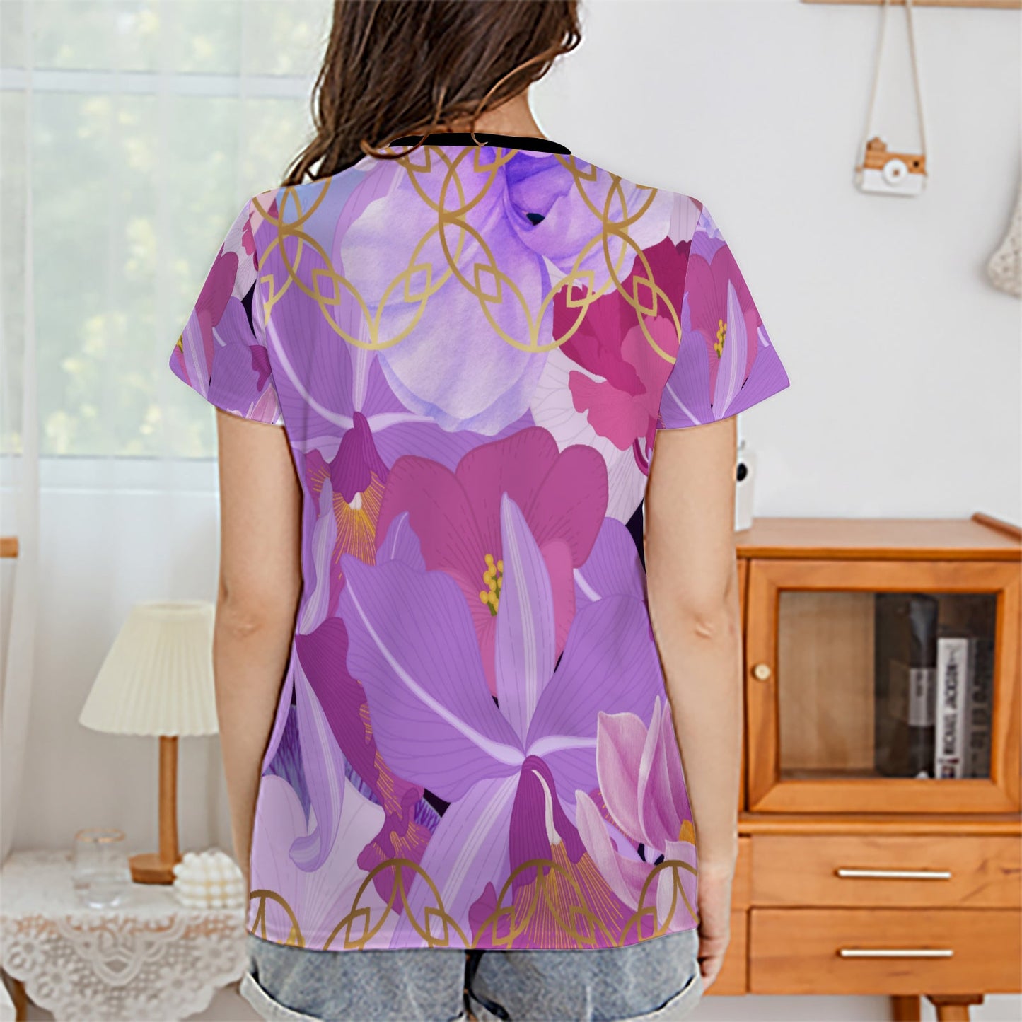 Black collar Beautiful purple flowers Women's All Over Print T-shirt (USA Size) (T40) - Tophatter Daily Deals