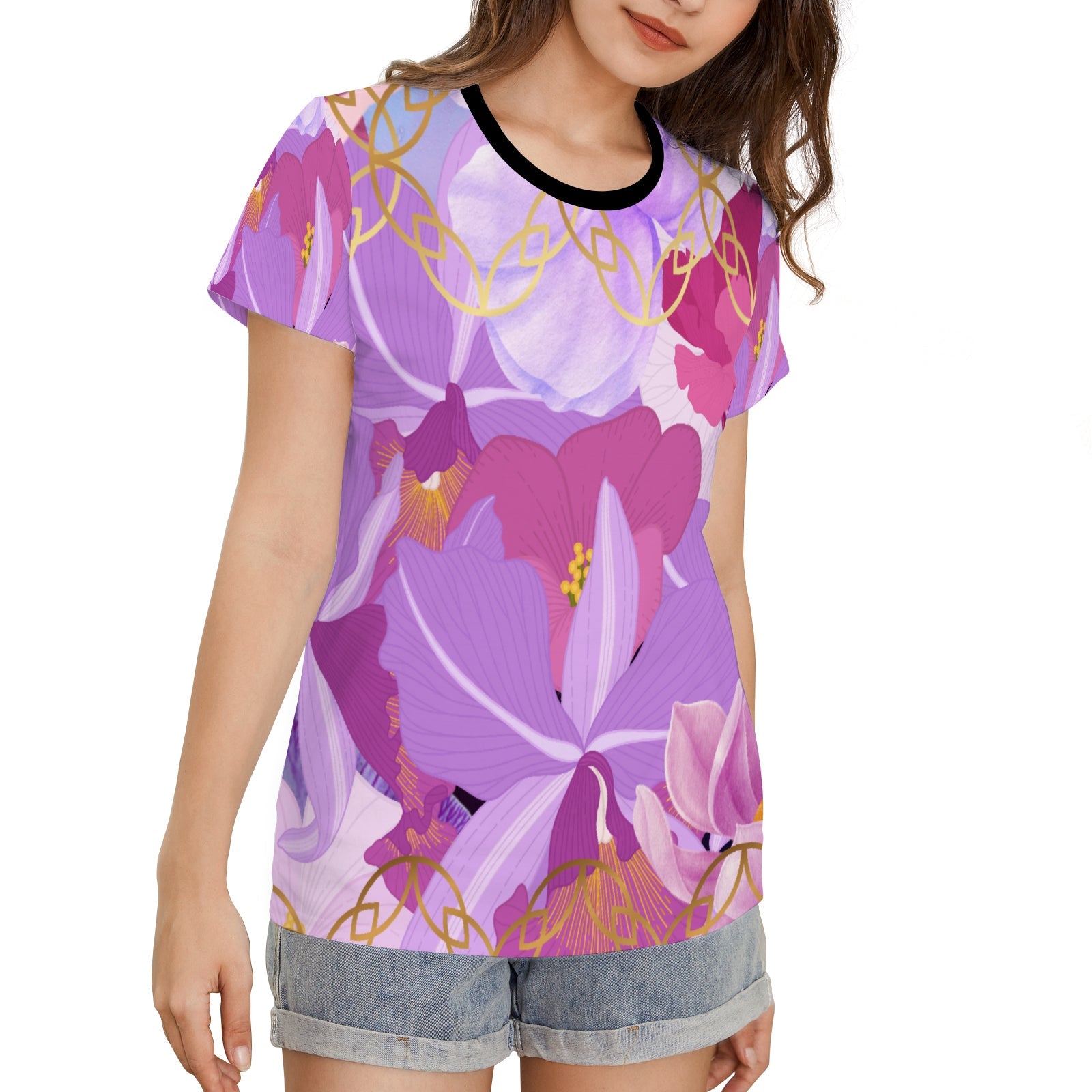 Black collar Beautiful purple flowers Women's All Over Print T-shirt (USA Size) (T40) white - Tophatter Daily Deals