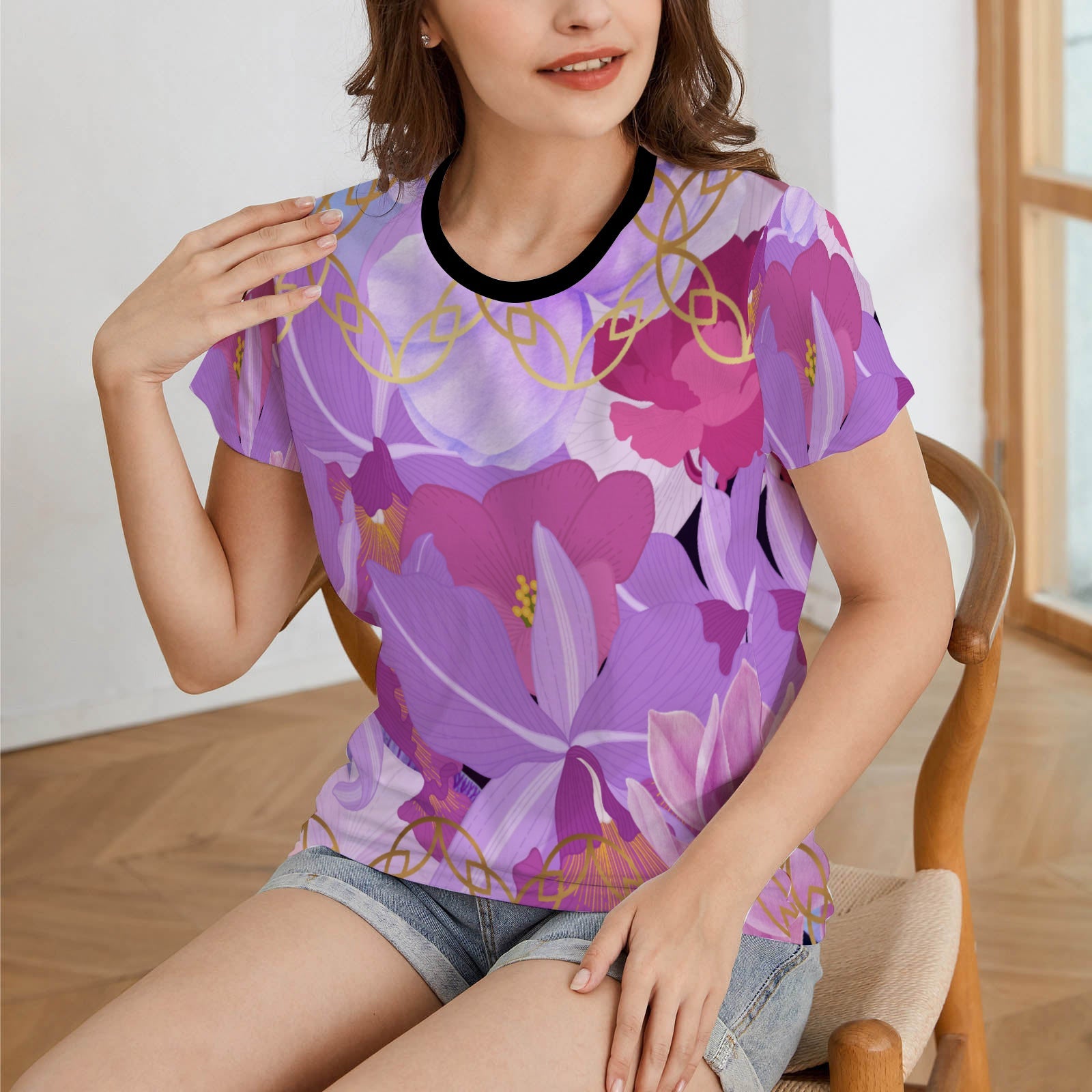 Black collar Beautiful purple flowers Women's All Over Print T-shirt (USA Size) (T40) - Tophatter Daily Deals