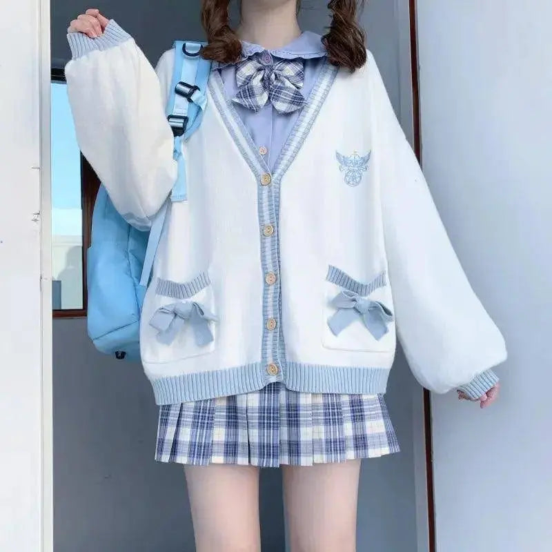 2025 Autumn Winter Women Sweater Loose Japanese Style Sweet Knitted Cardigan Embroidery Oversize Harajuku Female Cardigans Cute Blue - Tophatter Daily Deals