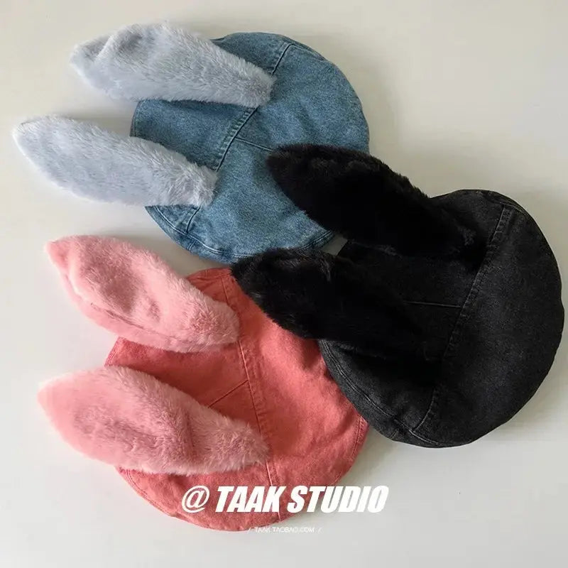 2025 Cute bunny ear berets for women denim painter hat women's autumn winter ins student cartoon newsboy hat new style - Tophatter Daily Deals