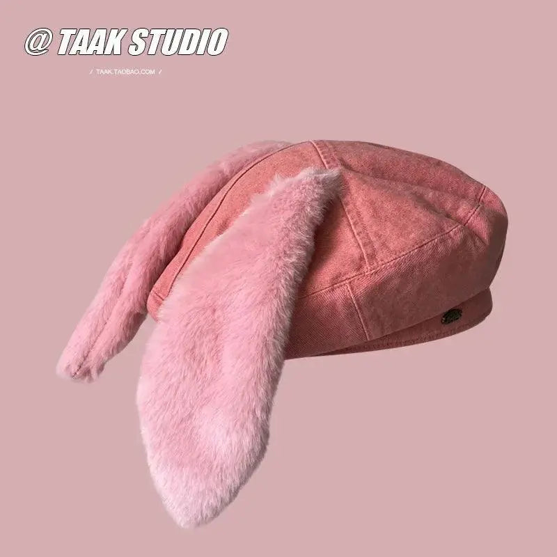2025 Cute bunny ear berets for women denim painter hat women's autumn winter ins student cartoon newsboy hat new style - Tophatter Daily Deals
