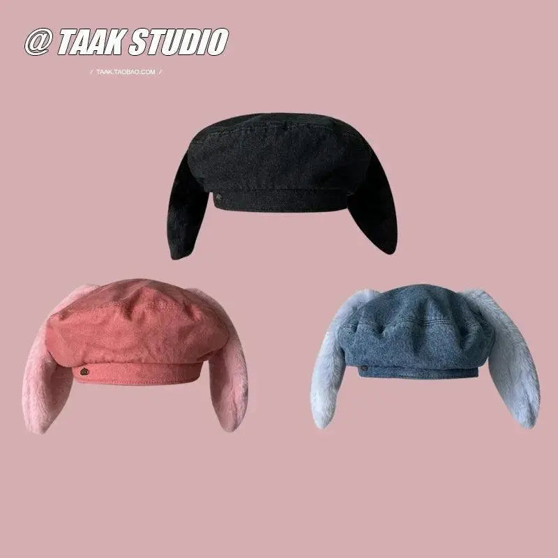 2025 Cute bunny ear berets for women denim painter hat women's autumn winter ins student cartoon newsboy hat new style - Tophatter Daily Deals
