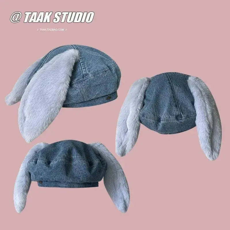 2025 Cute bunny ear berets for women denim painter hat women's autumn winter ins student cartoon newsboy hat new style - Tophatter Daily Deals
