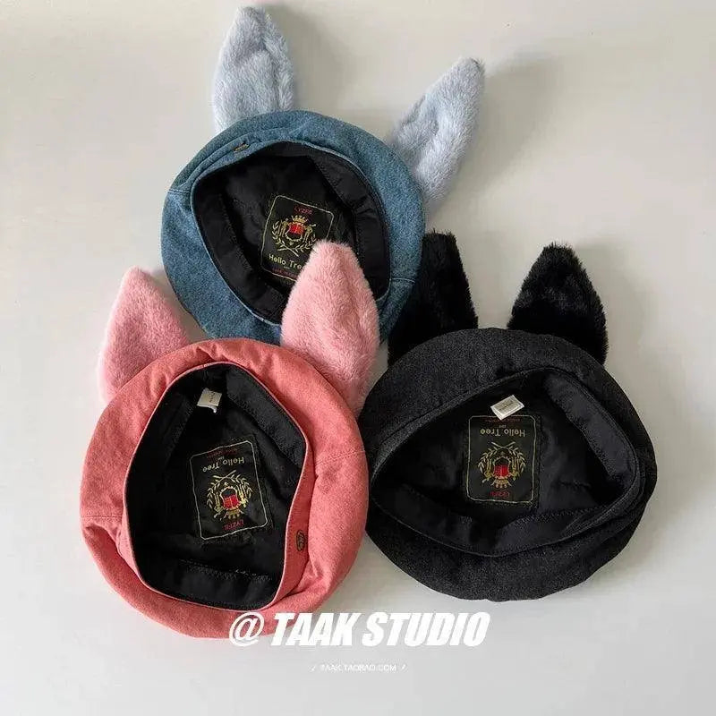 2025 Cute bunny ear berets for women denim painter hat women's autumn winter ins student cartoon newsboy hat new style - Tophatter Daily Deals