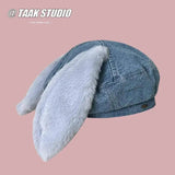 2025 Cute bunny ear berets for women denim painter hat women's autumn winter ins student cartoon newsboy hat new style Denim blue M 56-58cm - Tophatter Daily Deals