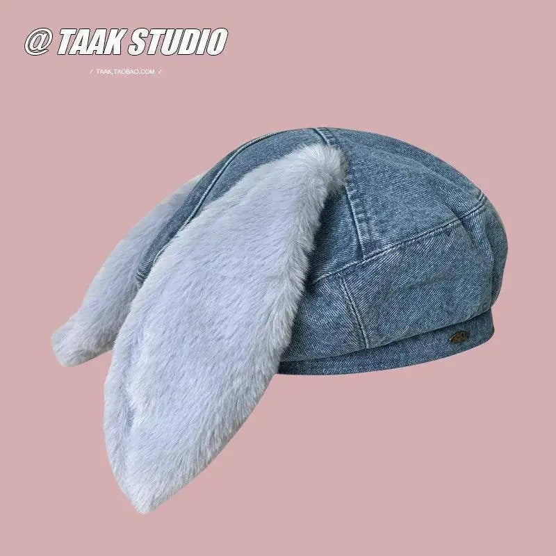 2025 Cute bunny ear berets for women denim painter hat women's autumn winter ins student cartoon newsboy hat new style Denim blue M 56-58cm - Tophatter Daily Deals