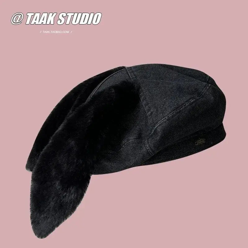 2025 Cute bunny ear berets for women denim painter hat women's autumn winter ins student cartoon newsboy hat new style - Tophatter Daily Deals