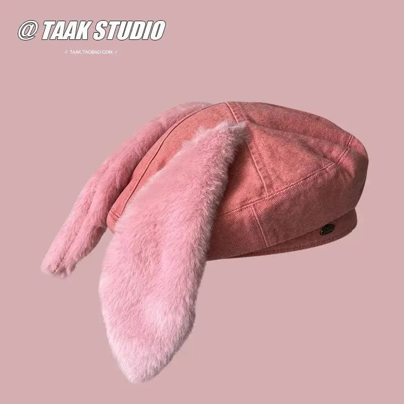 2025 Cute bunny ear berets for women denim painter hat women's autumn winter ins student cartoon newsboy hat new style - Tophatter Daily Deals