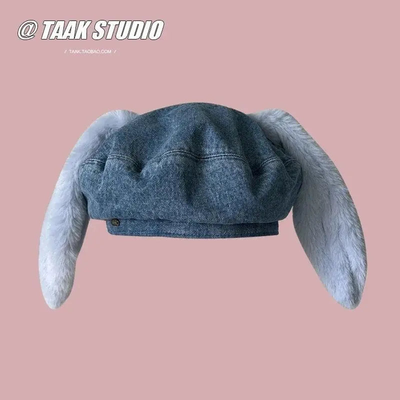 2025 Cute bunny ear berets for women denim painter hat women's autumn winter ins student cartoon newsboy hat new style - Tophatter Daily Deals