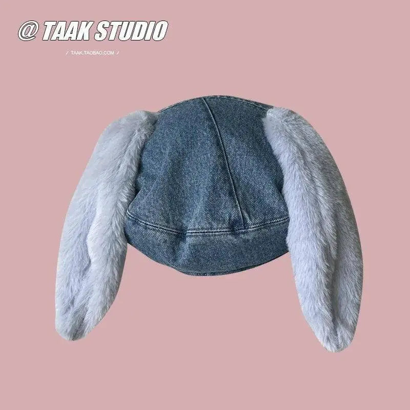 2025 Cute bunny ear berets for women denim painter hat women's autumn winter ins student cartoon newsboy hat new style - Tophatter Daily Deals