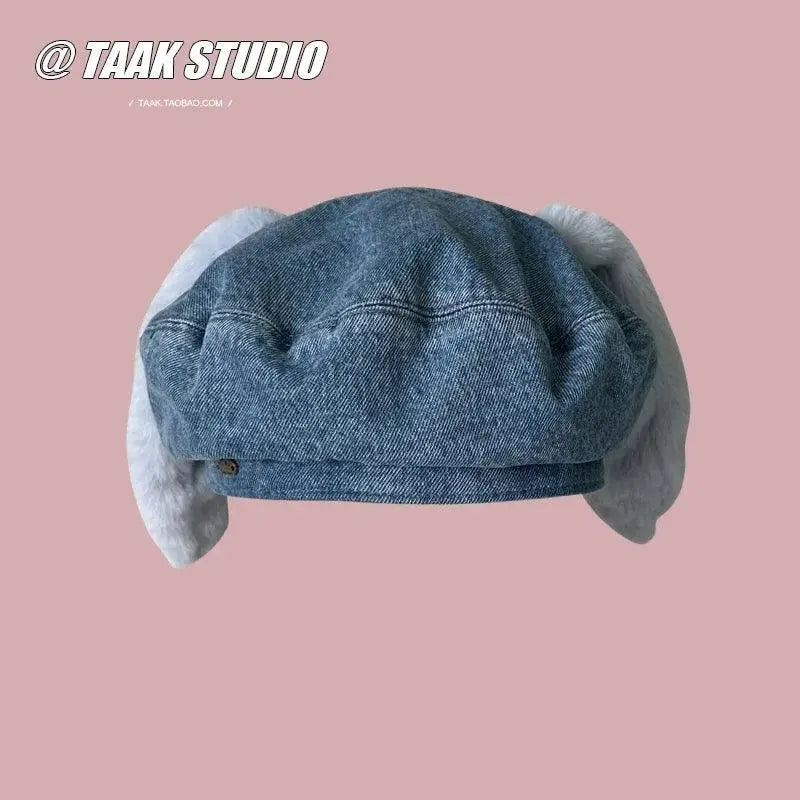 2025 Cute bunny ear berets for women denim painter hat women's autumn winter ins student cartoon newsboy hat new style - Tophatter Daily Deals