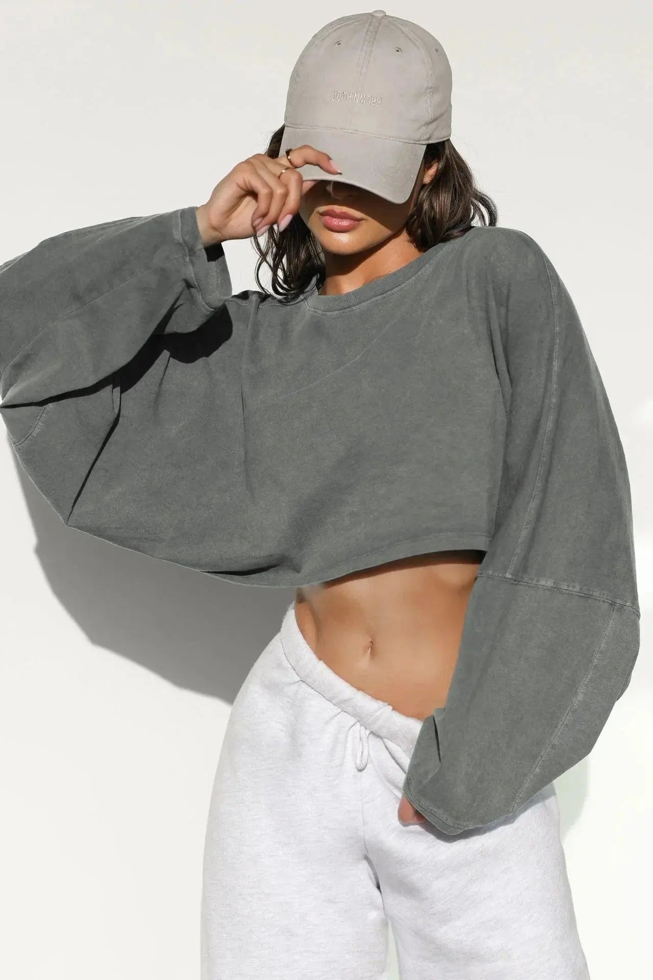 2025 NEW Women Hip Hop Streetwear Fashion Casual O Neck Solid Tank Top olid Round Tank Top Camisole Long Sleeve Sweatshirt Light gray - Tophatter Daily Deals