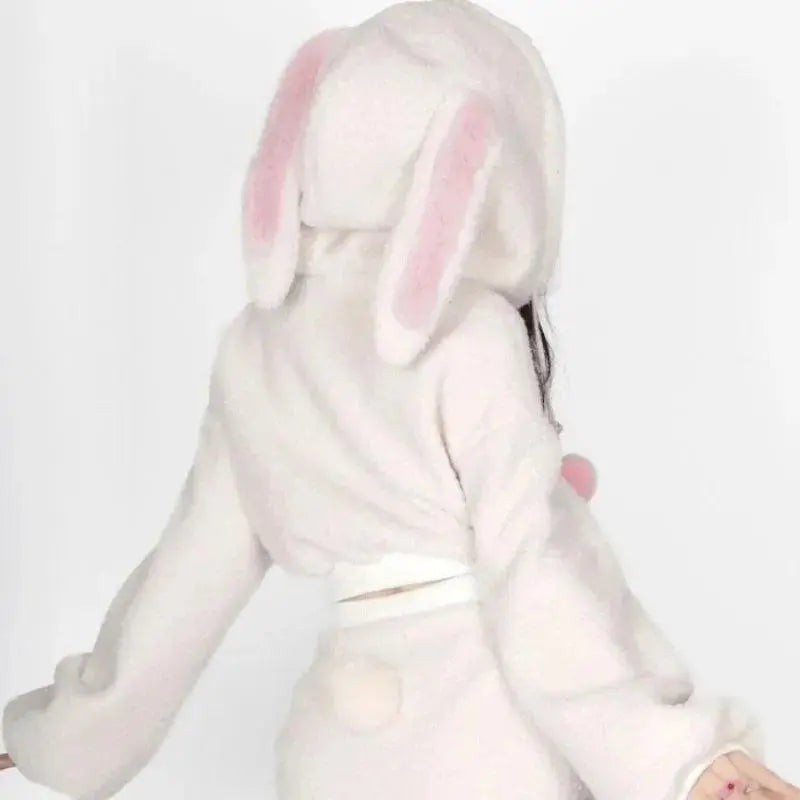 2025 New Fluffy Rabbit Ear Hoodie Coat Women+ Y2k E-Girl High Waist Bodycon Split Skirts Winter Thicked Warm Two Piece Sets - Tophatter Daily Deals