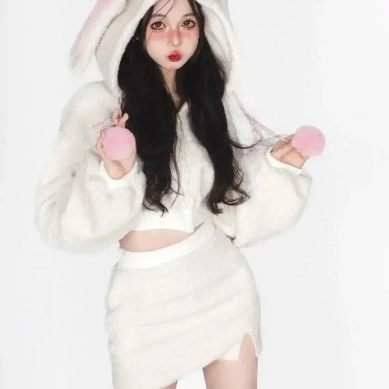 2025 New Fluffy Rabbit Ear Hoodie Coat Women+ Y2k E-Girl High Waist Bodycon Split Skirts Winter Thicked Warm Two Piece Sets - Tophatter Daily Deals