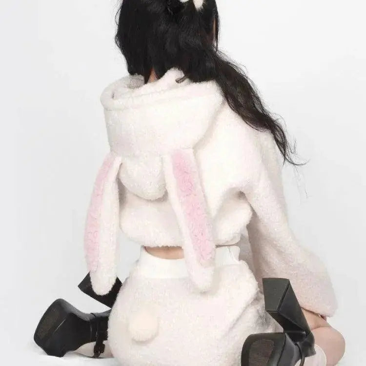 2025 New Fluffy Rabbit Ear Hoodie Coat Women+ Y2k E-Girl High Waist Bodycon Split Skirts Winter Thicked Warm Two Piece Sets - Tophatter Daily Deals