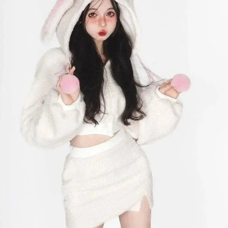 2025 New Fluffy Rabbit Ear Hoodie Coat Women+ Y2k E-Girl High Waist Bodycon Split Skirts Winter Thicked Warm Two Piece Sets - Tophatter Daily Deals