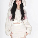 2025 New Fluffy Rabbit Ear Hoodie Coat Women+ Y2k E-Girl High Waist Bodycon Split Skirts Winter Thicked Warm Two Piece Sets - Tophatter Daily Deals