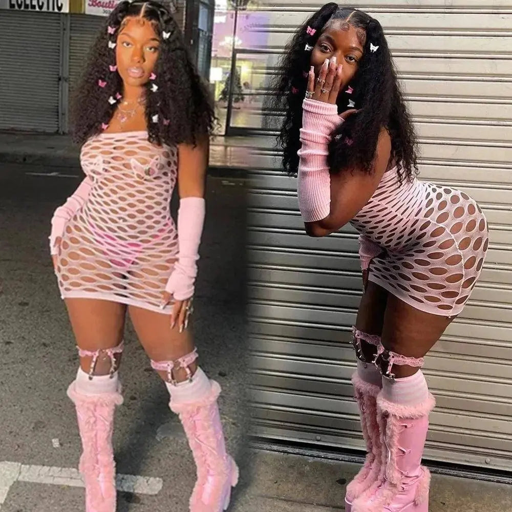 2025 New Mesh Hollow Out Women's Mini Dress Sexy Club Party Bodycon Fashion Evening Dresses Elegant Clothes Pink Luxury Dresses 1-TC5 - Tophatter Daily Deals