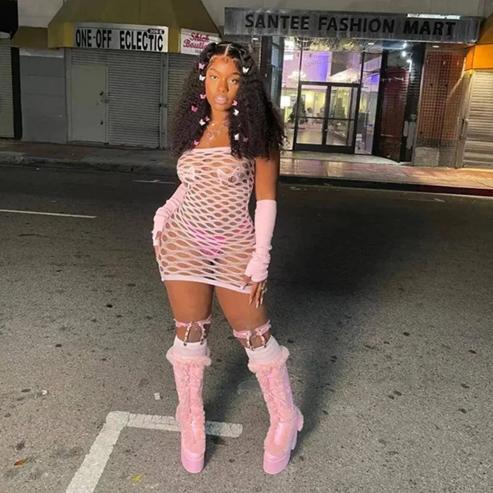 2025 New Mesh Hollow Out Women's Mini Dress Sexy Club Party Bodycon Fashion Evening Dresses Elegant Clothes Pink Luxury Dresses - Tophatter Daily Deals