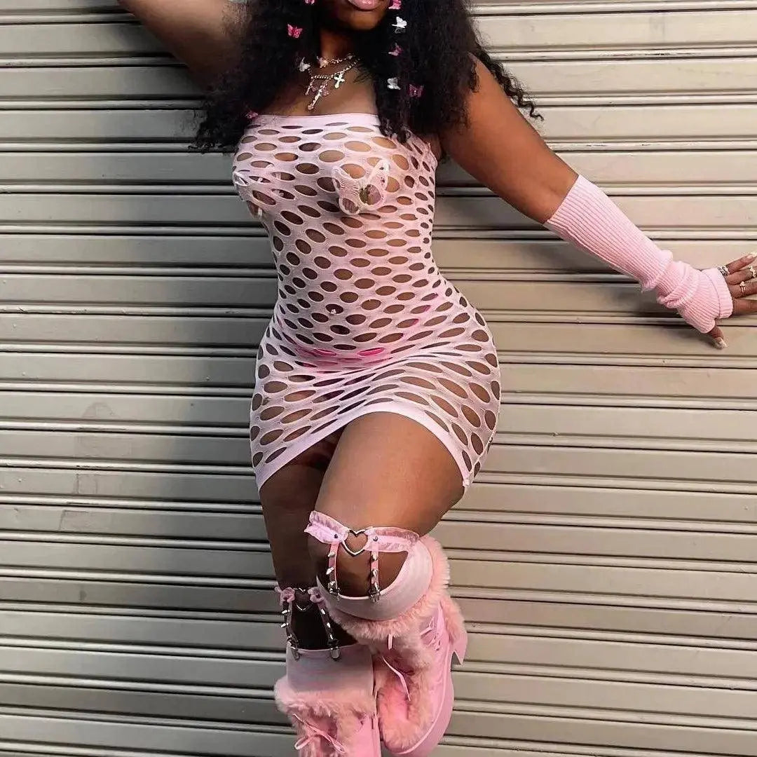 2025 New Mesh Hollow Out Women's Mini Dress Sexy Club Party Bodycon Fashion Evening Dresses Elegant Clothes Pink Luxury Dresses - Tophatter Daily Deals