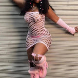 2025 New Mesh Hollow Out Women's Mini Dress Sexy Club Party Bodycon Fashion Evening Dresses Elegant Clothes Pink Luxury Dresses - Tophatter Daily Deals