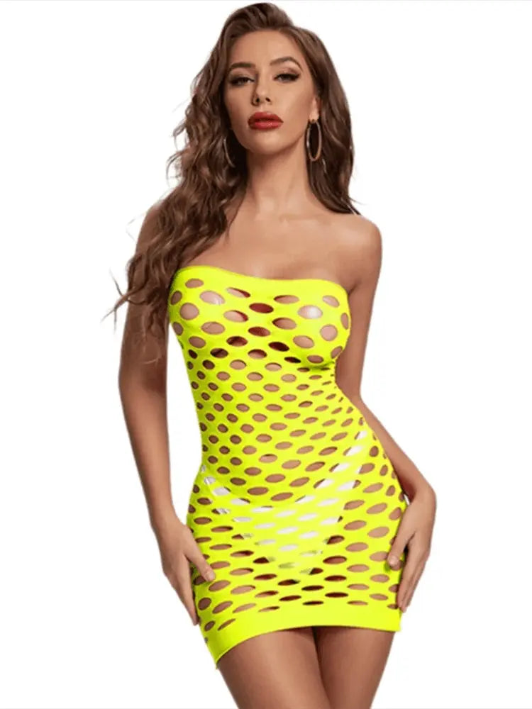 2025 New Mesh Hollow Out Women's Mini Dress Sexy Club Party Bodycon Fashion Evening Dresses Elegant Clothes Pink Luxury Dresses 1-TC5 yellow - Tophatter Daily Deals