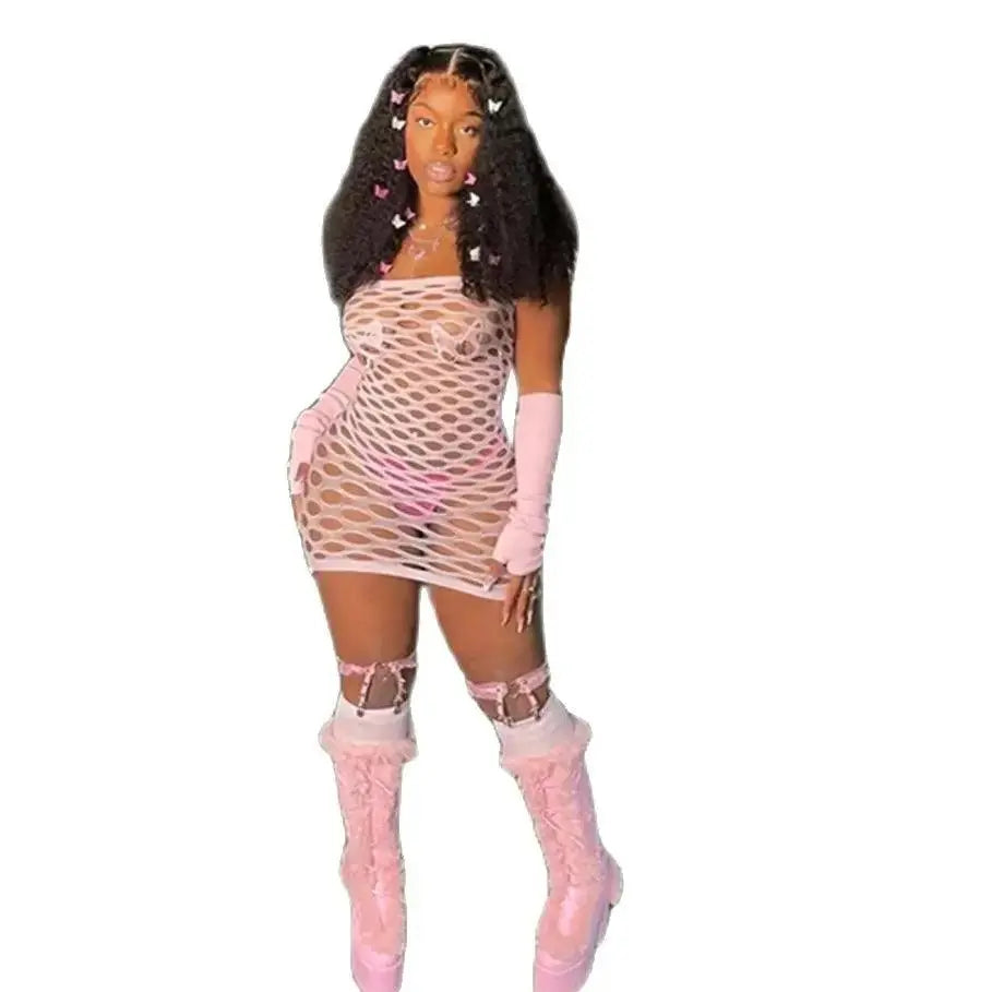 2025 New Mesh Hollow Out Women's Mini Dress Sexy Club Party Bodycon Fashion Evening Dresses Elegant Clothes Pink Luxury Dresses - Tophatter Daily Deals