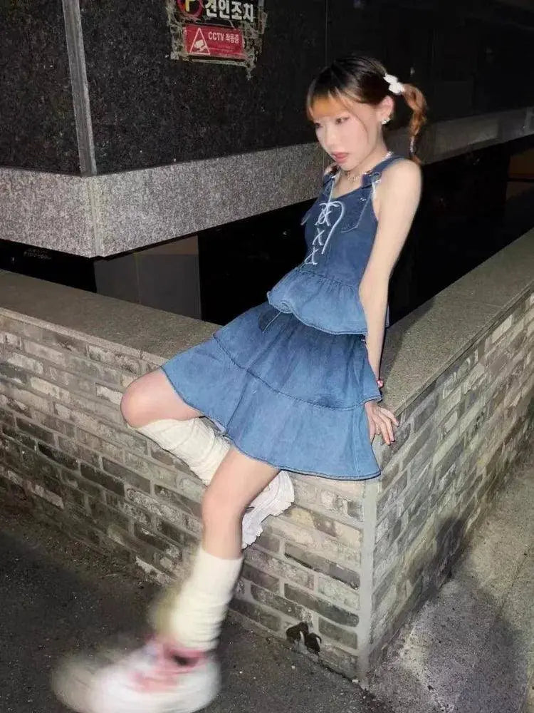 2025 New Puff Sleeve White Shirts Women+ Summer Sexy Gradient Blue Denim Strap Dress+ Leg Warmer Y2k E-Girl Three Piece Sets - Tophatter Daily Deals