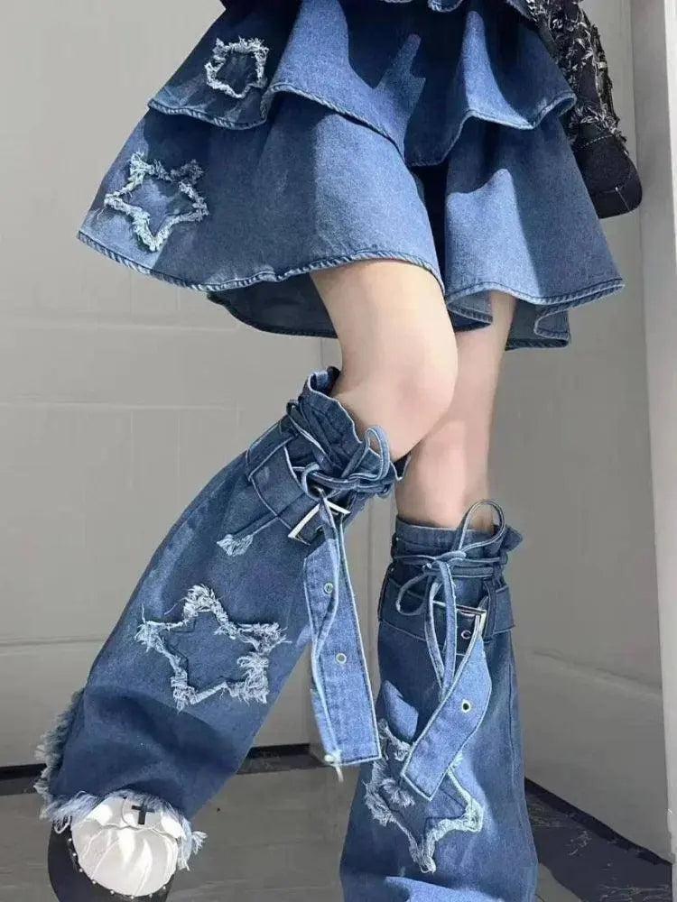 2025 New Puff Sleeve White Shirts Women+ Summer Sexy Gradient Blue Denim Strap Dress+ Leg Warmer Y2k E-Girl Three Piece Sets - Tophatter Daily Deals