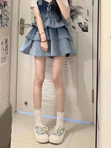 2025 New Puff Sleeve White Shirts Women+ Summer Sexy Gradient Blue Denim Strap Dress+ Leg Warmer Y2k E-Girl Three Piece Sets - Tophatter Daily Deals