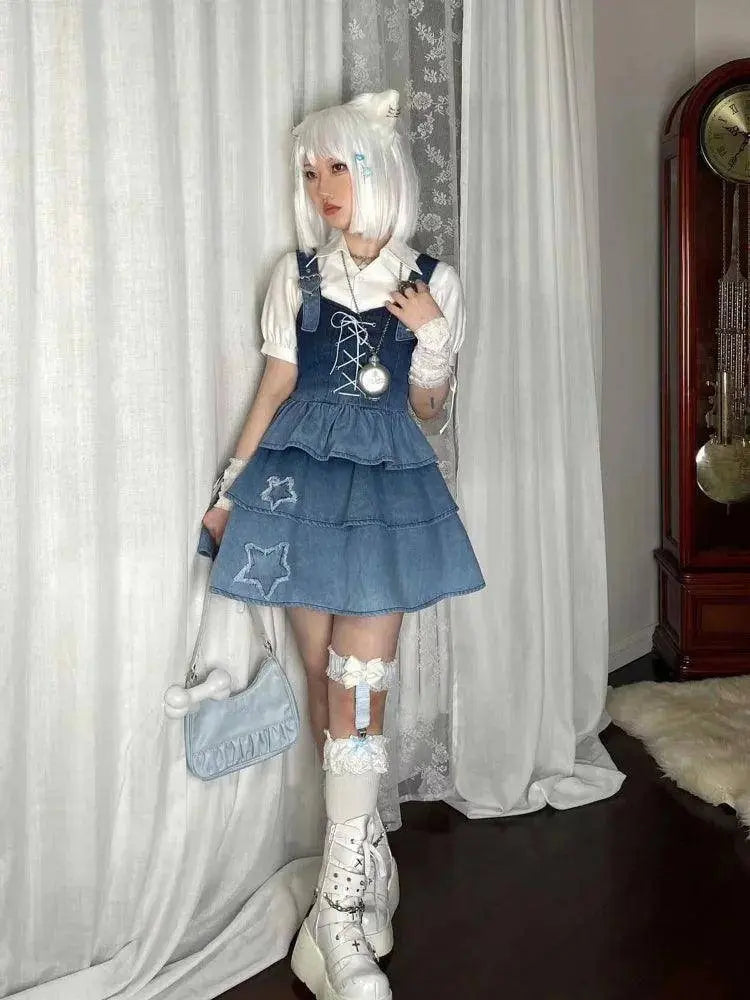 2025 New Puff Sleeve White Shirts Women+ Summer Sexy Gradient Blue Denim Strap Dress+ Leg Warmer Y2k E-Girl Three Piece Sets - Tophatter Daily Deals
