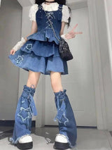 2025 New Puff Sleeve White Shirts Women+ Summer Sexy Gradient Blue Denim Strap Dress+ Leg Warmer Y2k E-Girl Three Piece Sets - Tophatter Daily Deals