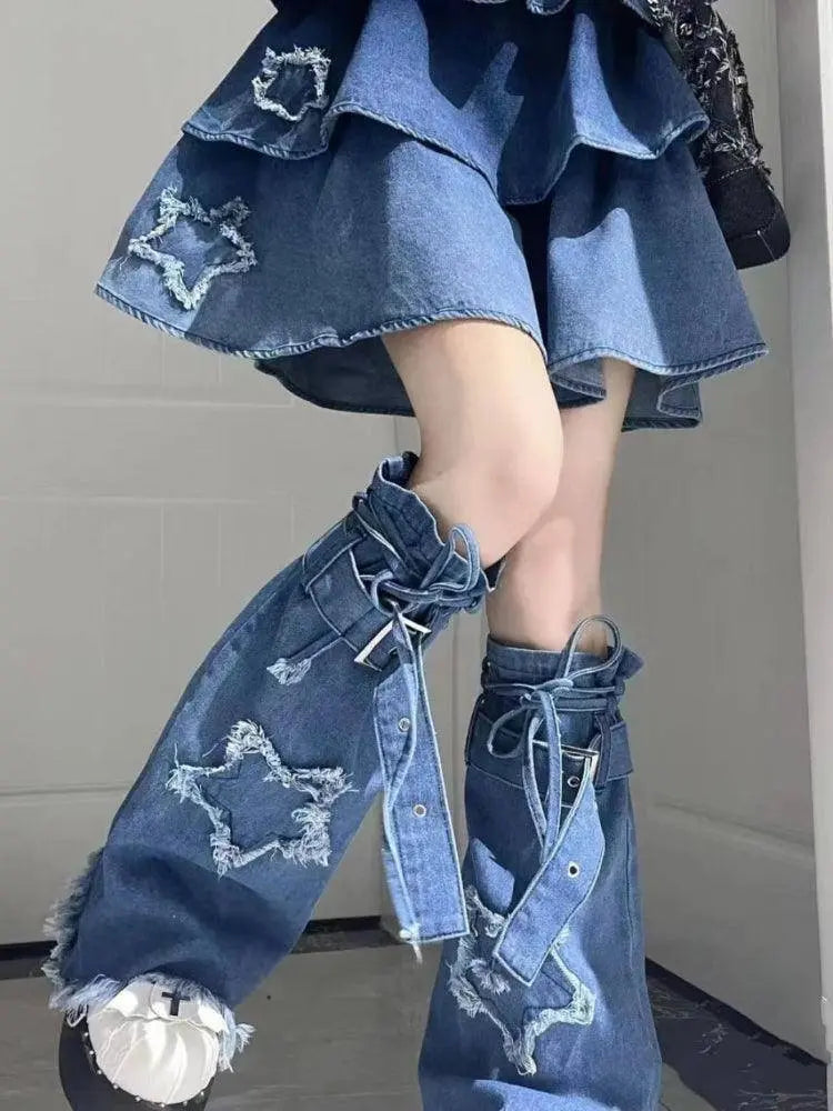 2025 New Puff Sleeve White Shirts Women+ Summer Sexy Gradient Blue Denim Strap Dress+ Leg Warmer Y2k E-Girl Three Piece Sets - Tophatter Daily Deals
