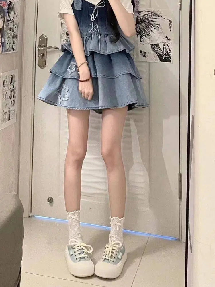 2025 New Puff Sleeve White Shirts Women+ Summer Sexy Gradient Blue Denim Strap Dress+ Leg Warmer Y2k E-Girl Three Piece Sets - Tophatter Daily Deals