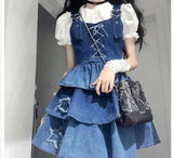 2025 New Puff Sleeve White Shirts Women+ Summer Sexy Gradient Blue Denim Strap Dress+ Leg Warmer Y2k E-Girl Three Piece Sets shirts with dress - Tophatter Daily Deals