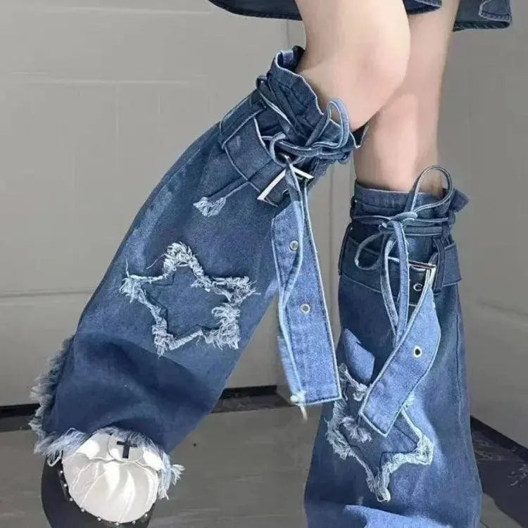2025 New Puff Sleeve White Shirts Women+ Summer Sexy Gradient Blue Denim Strap Dress+ Leg Warmer Y2k E-Girl Three Piece Sets only Leg warmer - Tophatter Daily Deals