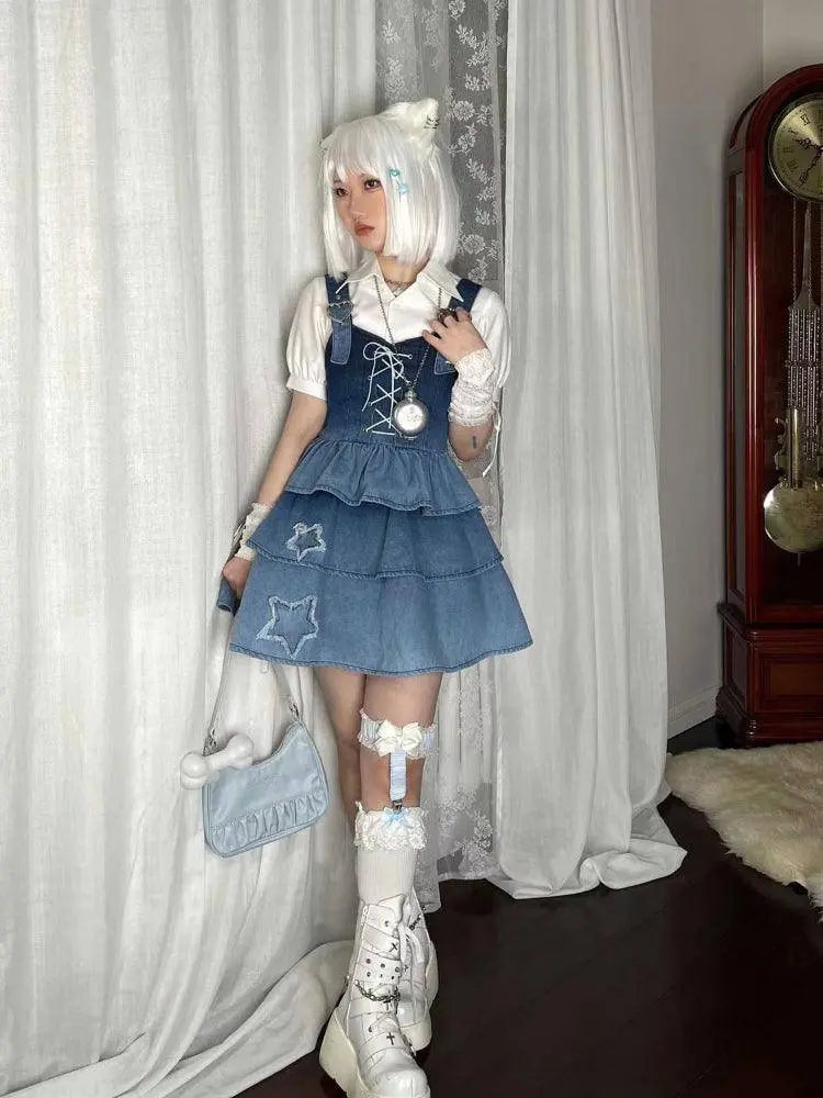 2025 New Puff Sleeve White Shirts Women+ Summer Sexy Gradient Blue Denim Strap Dress+ Leg Warmer Y2k E-Girl Three Piece Sets - Tophatter Daily Deals