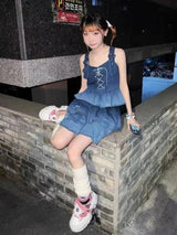 2025 New Puff Sleeve White Shirts Women+ Summer Sexy Gradient Blue Denim Strap Dress+ Leg Warmer Y2k E-Girl Three Piece Sets - Tophatter Daily Deals