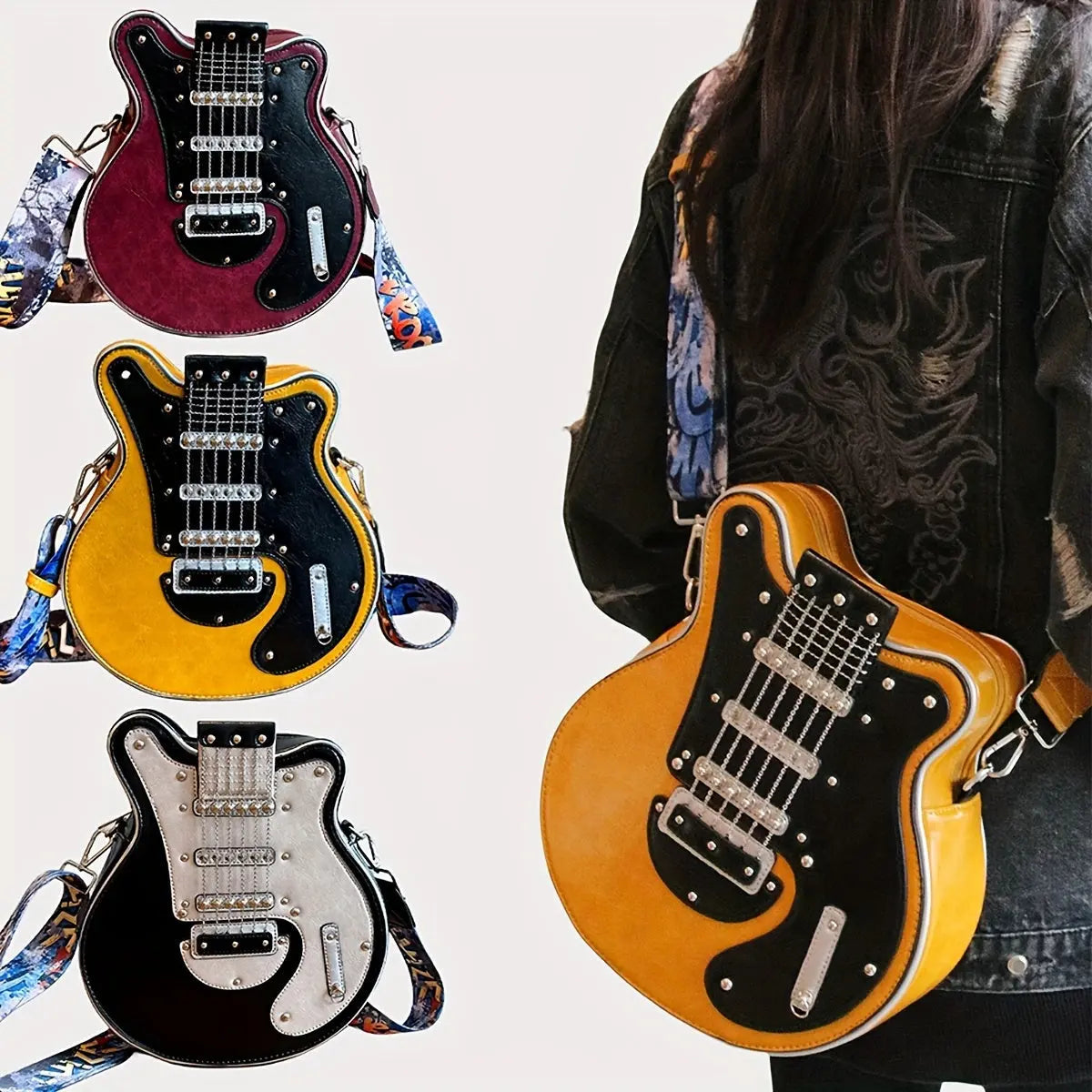 2025 Niche Guitar Shaped Y2K Style Bag, Novelty Crossbody Bag, Rivets Decor Trendy Shoulder Bag - Tophatter Daily Deals