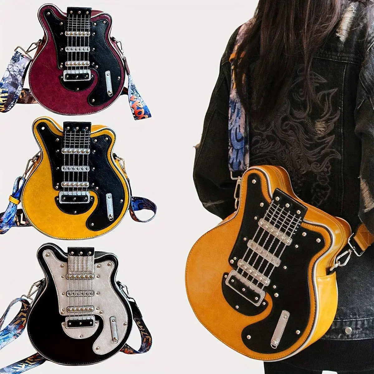 2025 Niche Guitar Shaped Y2K Style Bag, Novelty Crossbody Bag, Rivets Decor Trendy Shoulder Bag - Tophatter Daily Deals