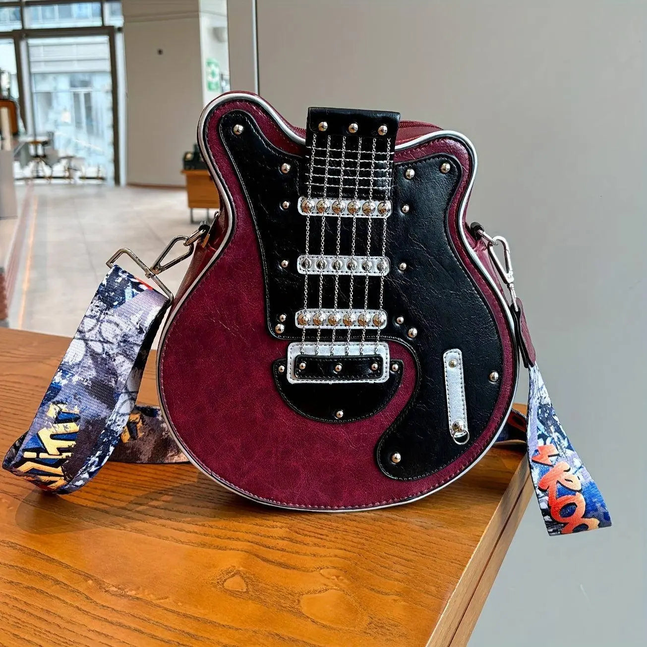 2025 Niche Guitar Shaped Y2K Style Bag, Novelty Crossbody Bag, Rivets Decor Trendy Shoulder Bag Red - Tophatter Daily Deals
