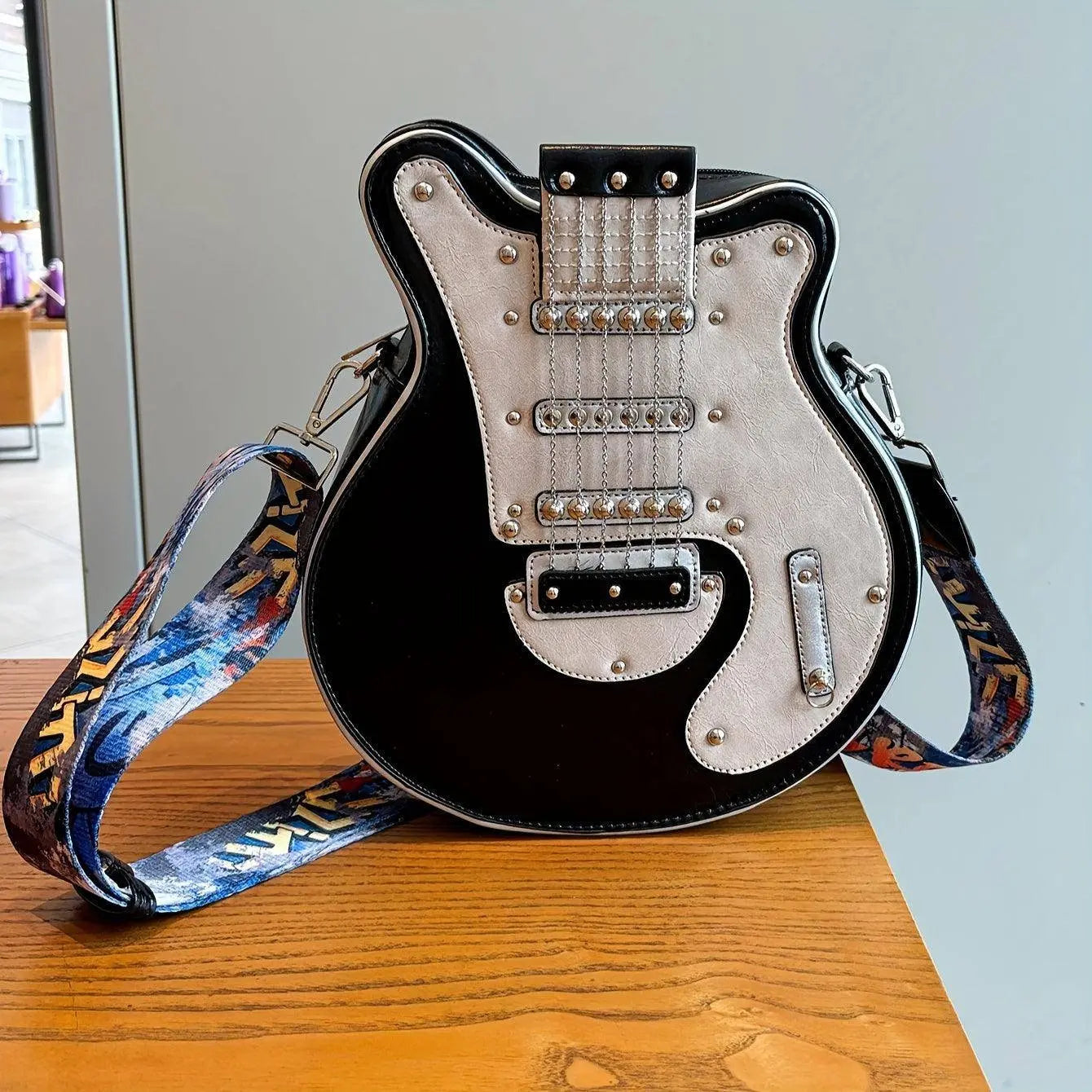 2025 Niche Guitar Shaped Y2K Style Bag, Novelty Crossbody Bag, Rivets Decor Trendy Shoulder Bag Black And White Color - Tophatter Daily Deals
