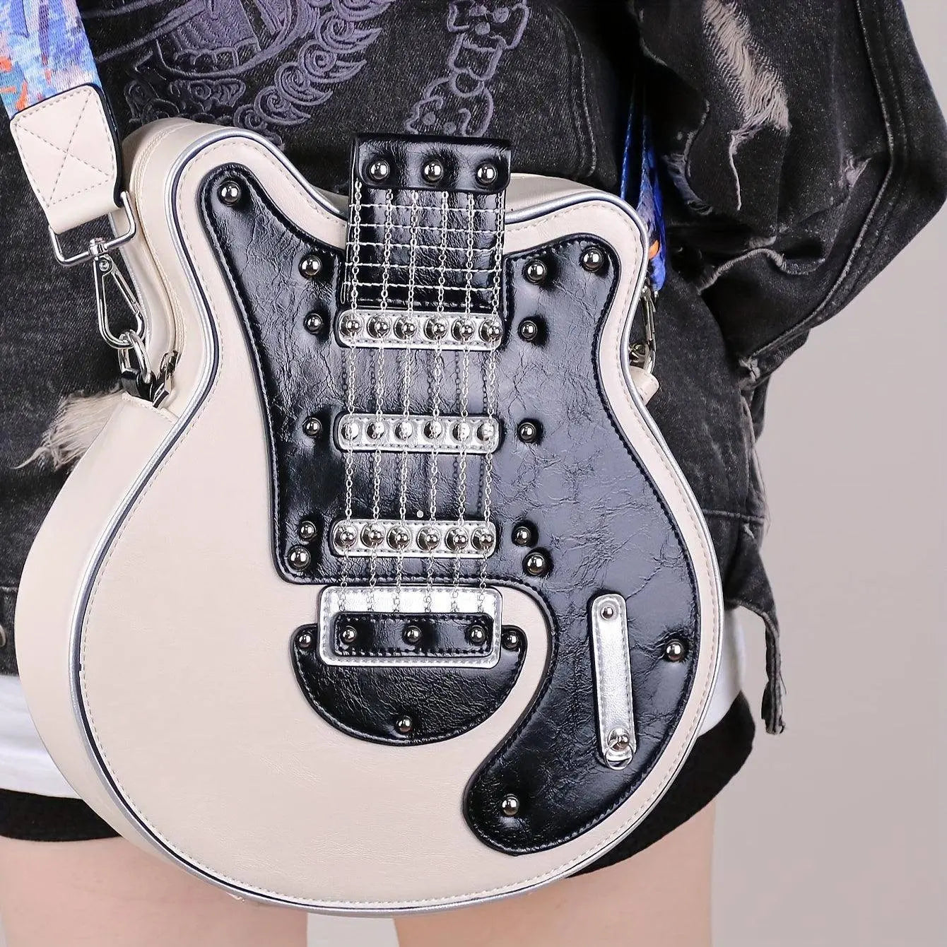 2025 Niche Guitar Shaped Y2K Style Bag, Novelty Crossbody Bag, Rivets Decor Trendy Shoulder Bag White - Tophatter Daily Deals