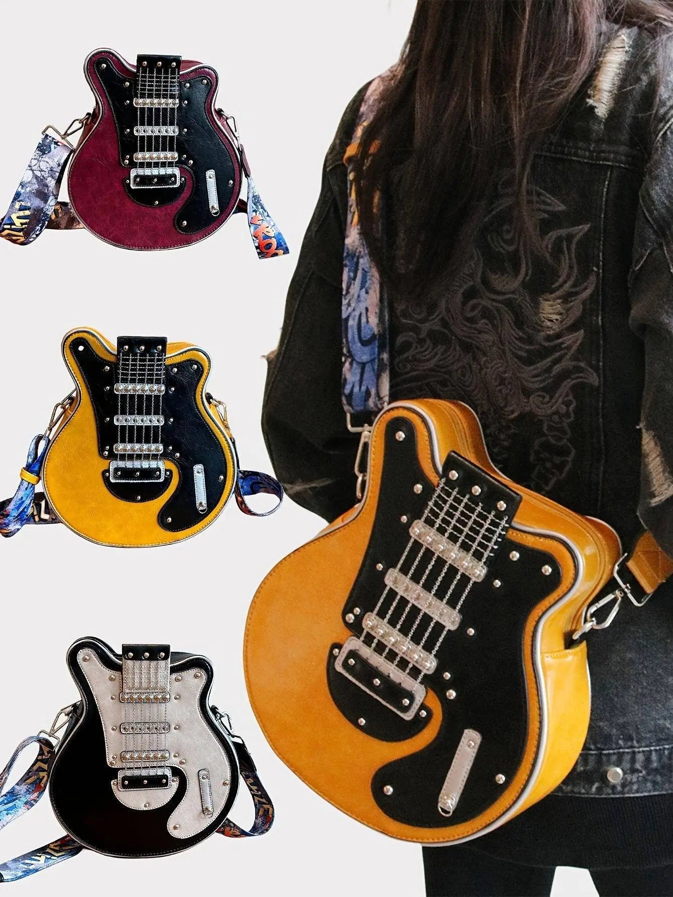 2025 Niche Guitar Shaped Y2K Style Bag, Novelty Crossbody Bag, Rivets Decor Trendy Shoulder Bag - Tophatter Daily Deals