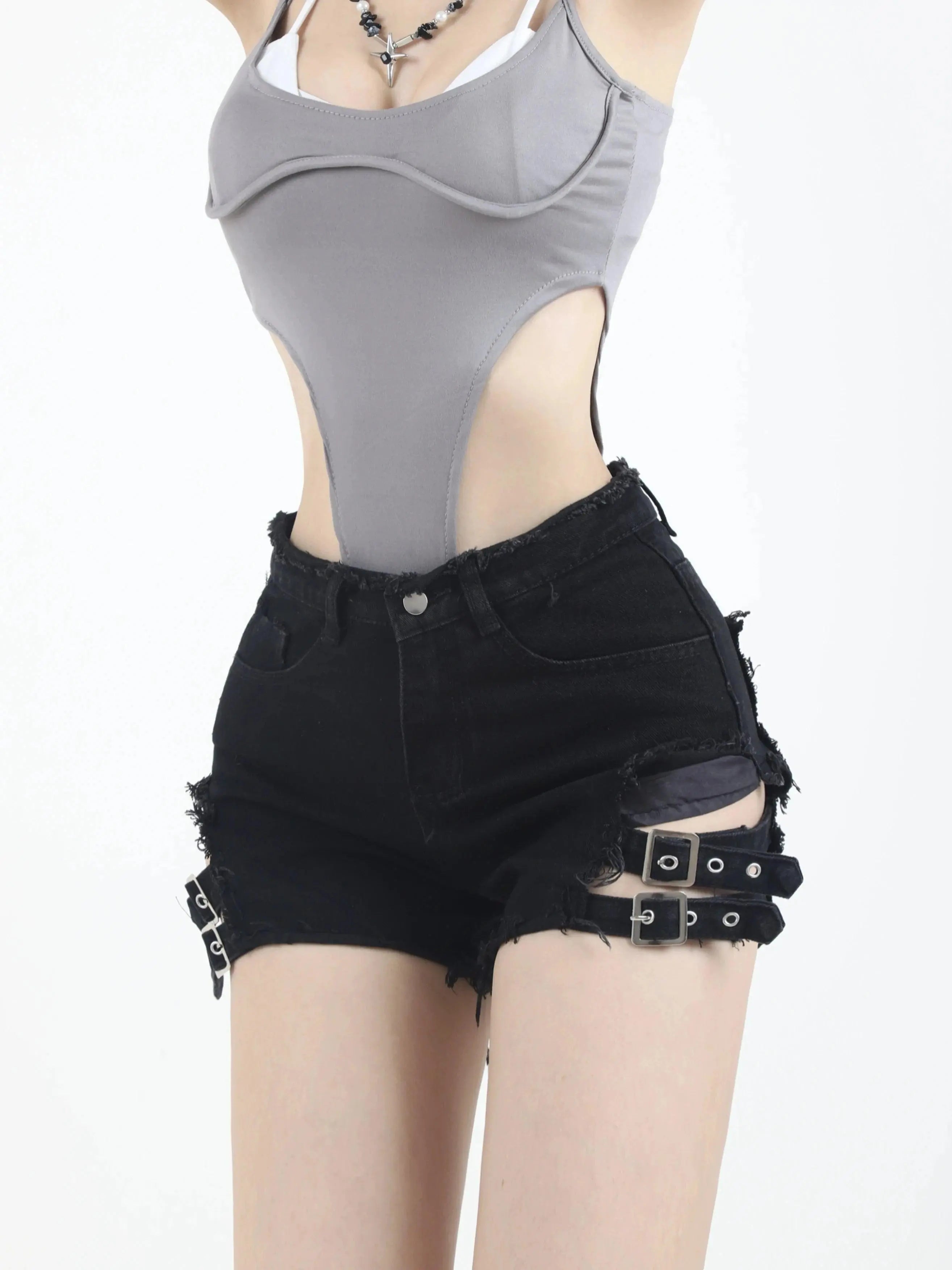 2025 Summer Vintage Trend Hot Girls Harajuku High Waisted Irregular Denim Shorts Goth Rock Sexy Women Shorts Slimming Versatile black M - Tophatter Daily Deals