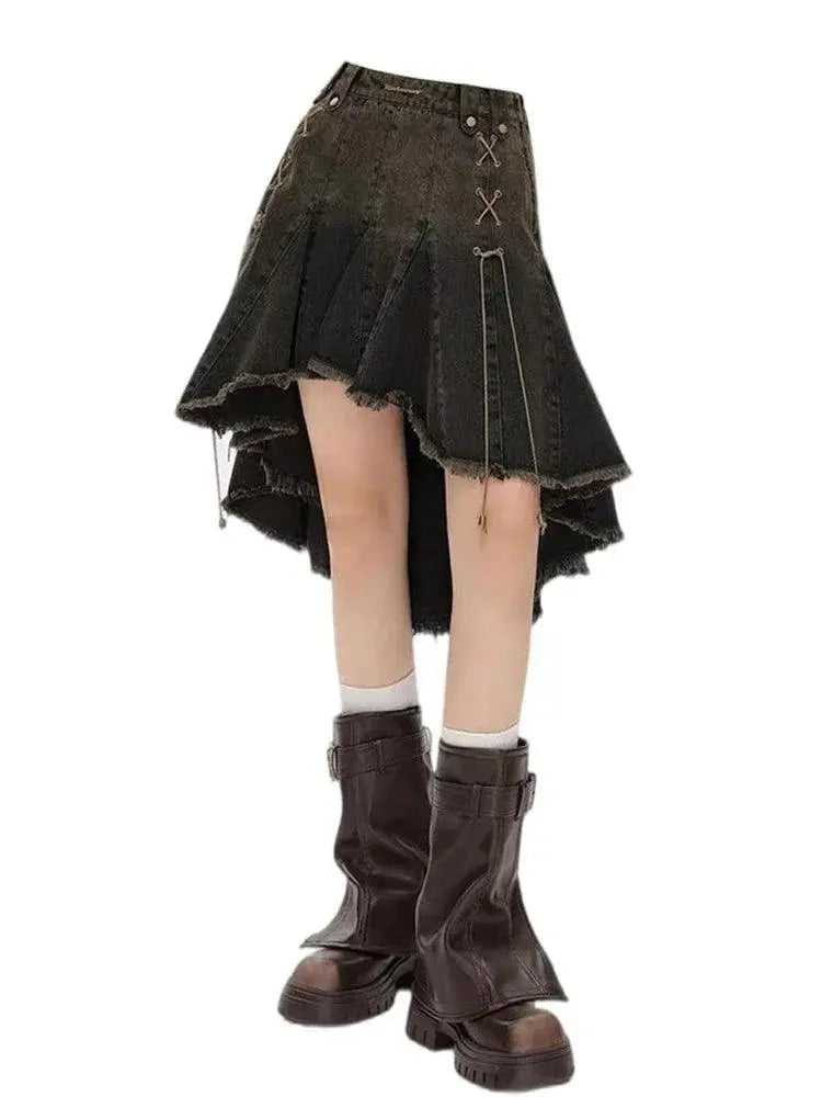 2025 Women Lace Up Academia E-girl Japanese Y2k Irregular Pleated Denim Skirt Gyaru Coquette Harajuku 2000s Jean New - Tophatter Daily Deals